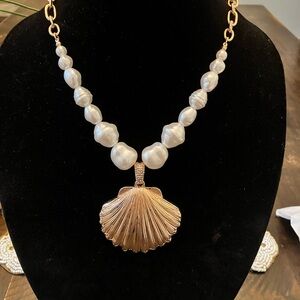 INC Elegant Gold and Pearl Shell Pendant Necklace
